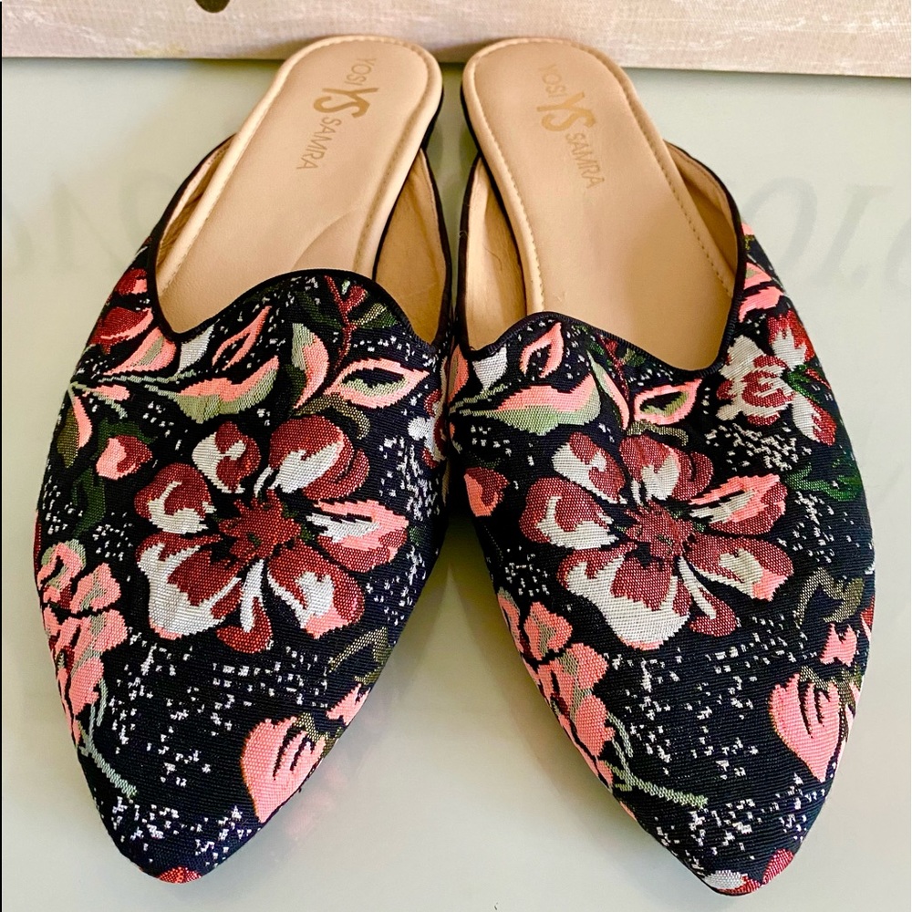 Yosi Samra Vidi Floral Pointed Toe Mules Flats